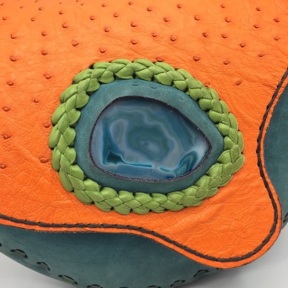 🏜 BOHO Artisan TURQUOISE Ostrich LEATHER Hobo BAG - Picture 6 of 7
